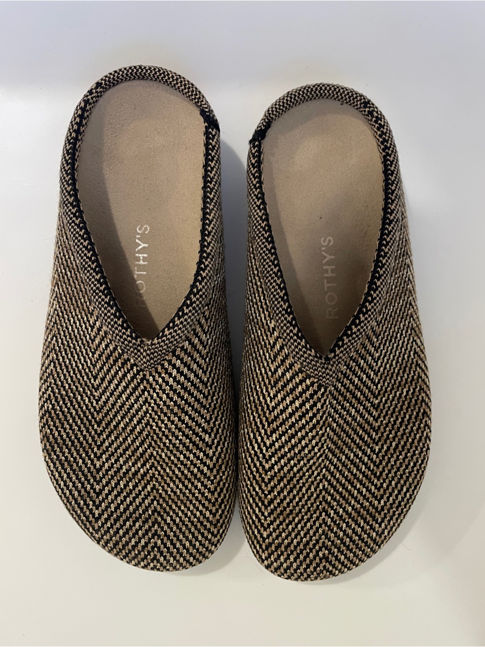 Rothy's Black and Tan Herringbone Slip-On Mules
